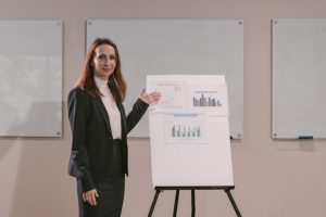 Illustrative image Female Professional discussing in front used in Accordemy®'s training on Measuring Results From Training