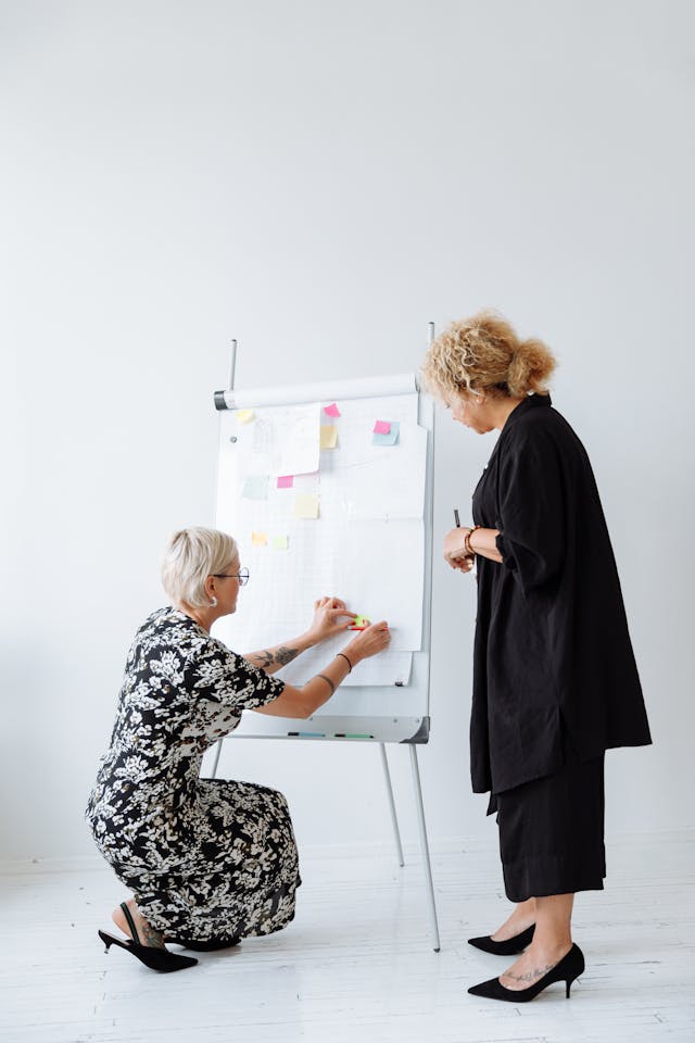 Illustrative image Women Standing Beside the Whiteboard with Paper used in Accordemy®'s training on Organizational Learning and Development