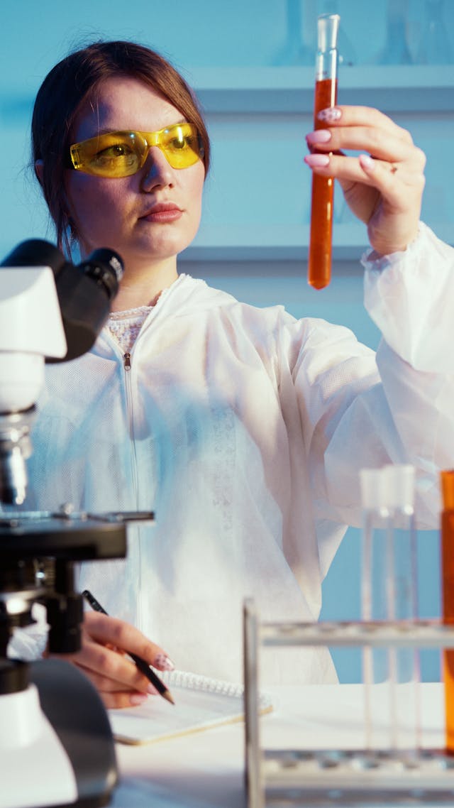Illustrative image A Woman Holding While Looking at a Test Tube used in Accordemy®'s training on Health and Social Care Research: Methods and Methodology