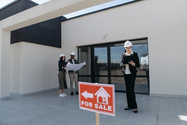Illustrative image For Sale Sign by Real Estate Agent and Clients on Patio used in Accordemy®'s training on Managing Multiple Land Affair Projects