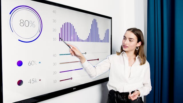 Illustrative image Woman in White Dress Shirt Standing Beside Projector Screen used in Accordemy®'s training on Training Manager