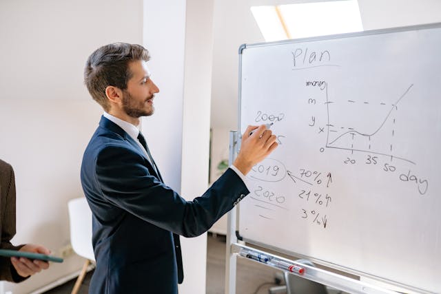 Illustrative image Man in Blue Suit Writing on White Board used in Accordemy®'s training on Non-profit good governance and leadership